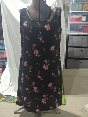 Floral Sleeveless Black Dress with Pink Bloom Print